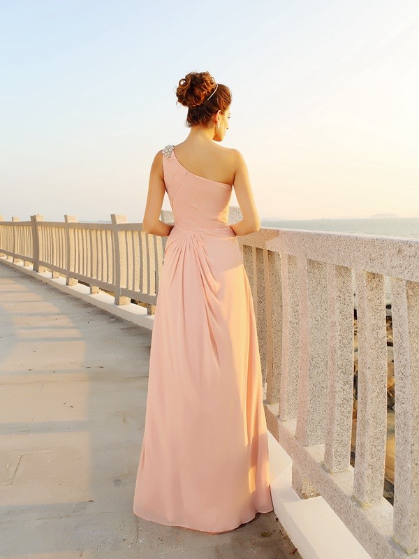 A-Line/Princess One-Shoulder Beading Sleeveless Long Chiffon Dresses 3843