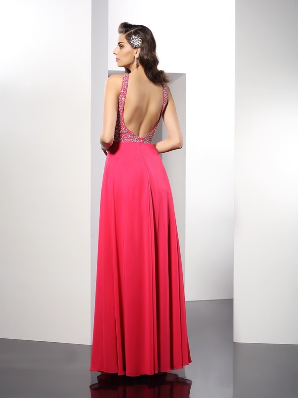 A-Line/Princess Scoop Beading Sleeveless Long Chiffon Dresses 4287