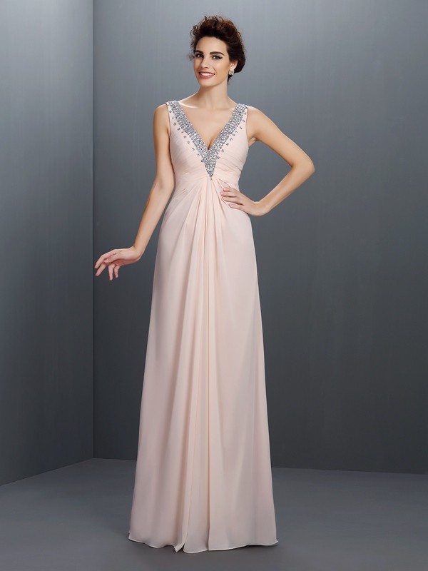 A-Line/Princess V-neck Beading Sleeveless Long Chiffon Dresses 5440