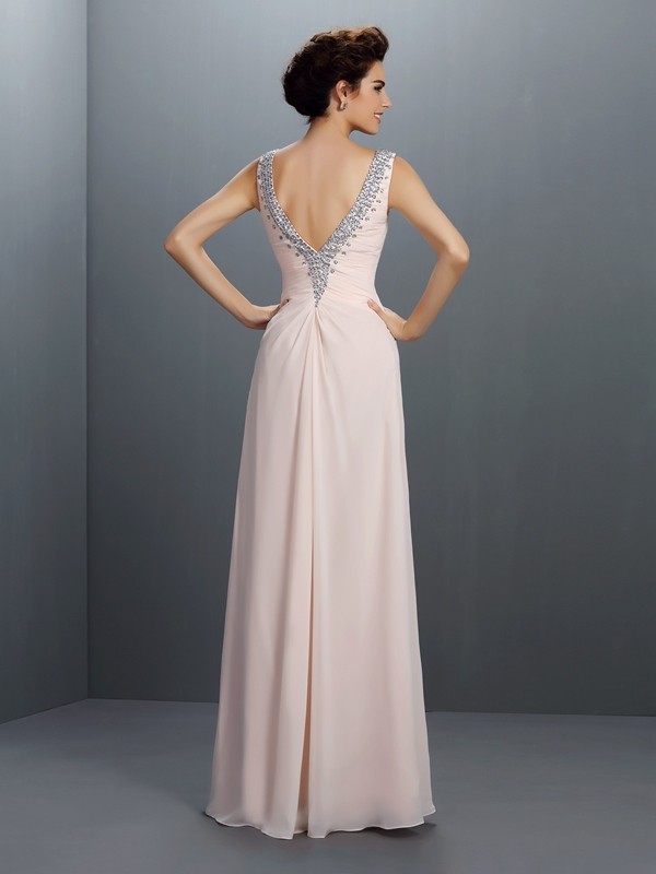 A-Line/Princess V-neck Beading Sleeveless Long Chiffon Dresses 5440