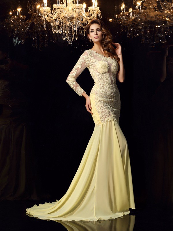 Trumpet/Mermaid One-Shoulder Applique Long Sleeves Long Chiffon Dresses 7168