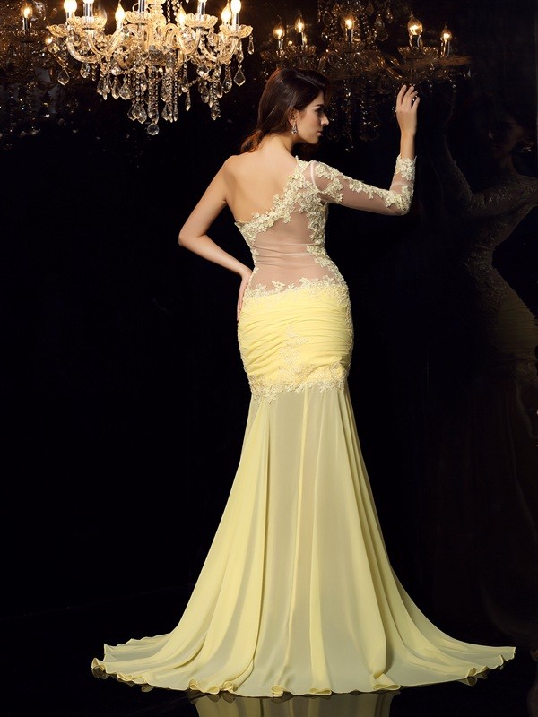 Trumpet/Mermaid One-Shoulder Applique Long Sleeves Long Chiffon Dresses 7168