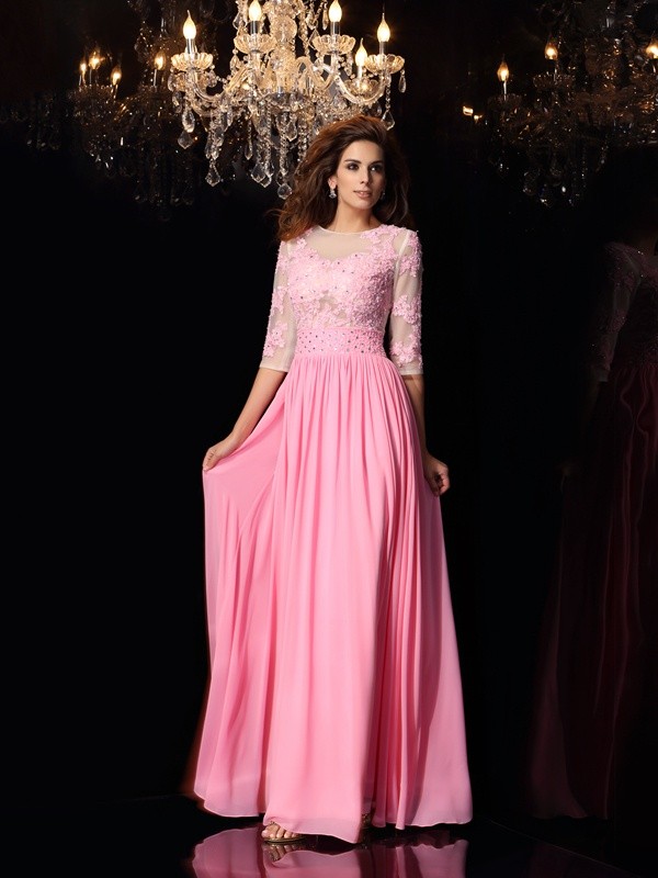 A-Line/Princess Scoop Applique 1/2 Sleeves Long Silk like Satin Dresses 4264