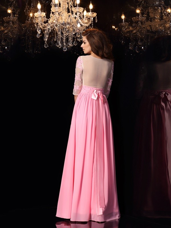 A-Line/Princess Scoop Applique 1/2 Sleeves Long Silk like Satin Dresses 4264