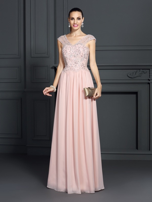 A-Line/Princess Straps Applique Sleeveless Long Chiffon Dresses 4799