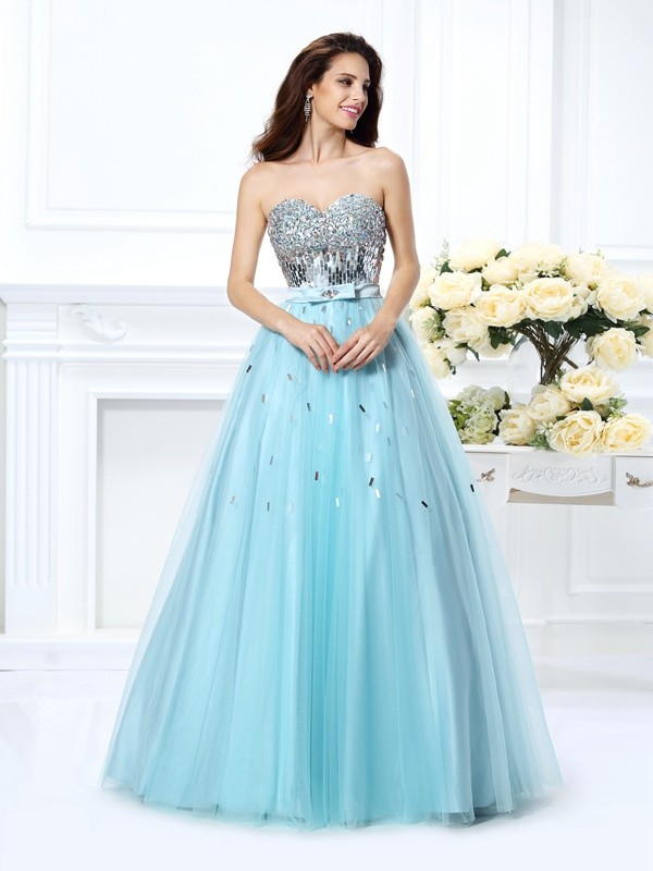 Ball Gown Sweetheart Beading Sleeveless Paillette Long Satin Quinceanera Dresses 5754