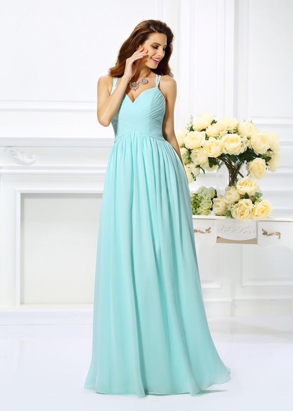 A-Line/Princess Spaghetti Straps Pleats Sleeveless Long Chiffon Dresses 4691