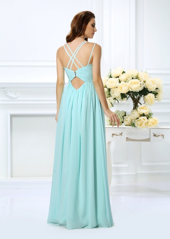 A-Line/Princess Spaghetti Straps Pleats Sleeveless Long Chiffon Dresses 4691