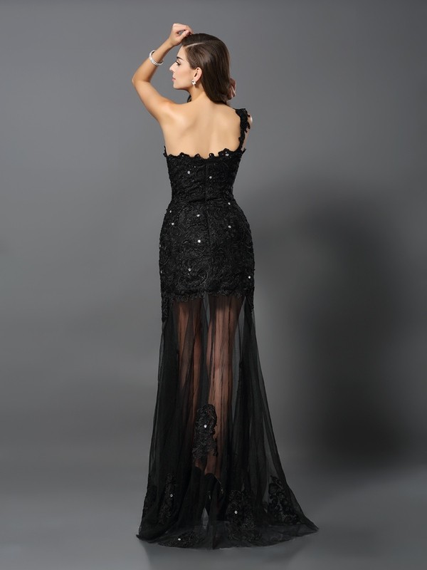 Sheath/Column One-Shoulder Applique Sleeveless Long Lace Dresses 6151