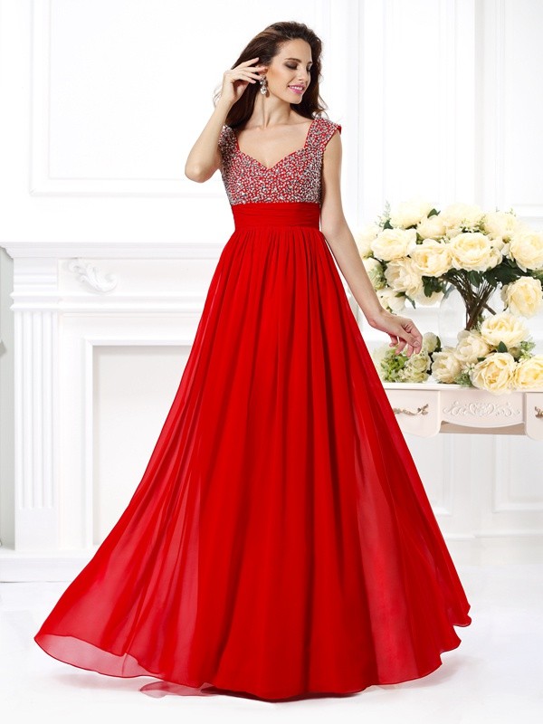 A-Line/Princess Straps Beading Sleeveless Paillette Long Chiffon Dresses 4823