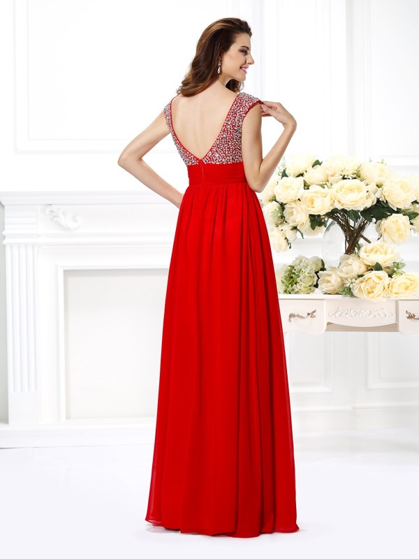 A-Line/Princess Straps Beading Sleeveless Paillette Long Chiffon Dresses 4823