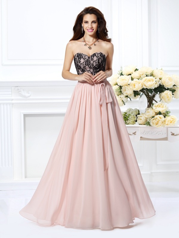 A-Line/Princess Sweetheart Lace Sleeveless Long Chiffon Dresses 4973