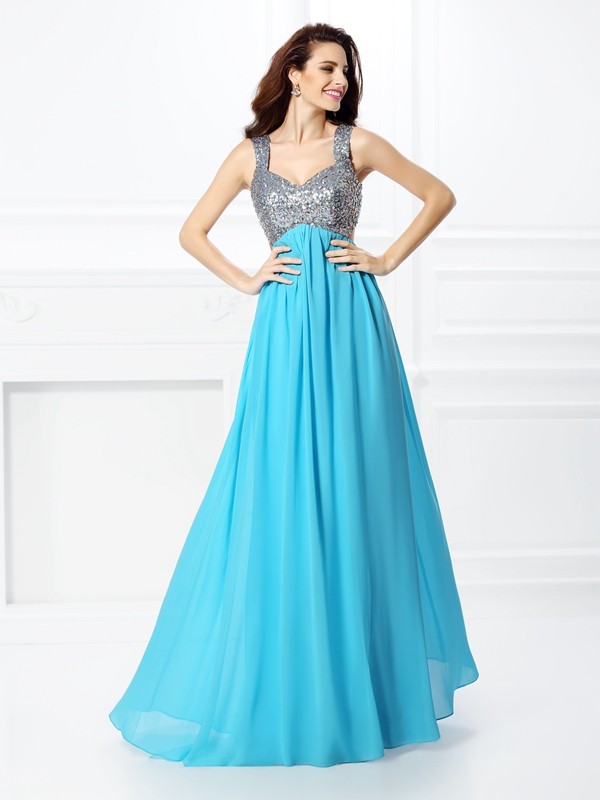 A-Line/Princess Straps Beading Sleeveless Long Chiffon Dresses 4811