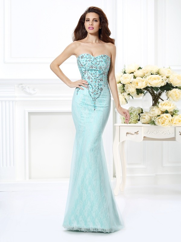 Trumpet/Mermaid Sweetheart Beading Lace Sleeveless Long Net Dresses 7471