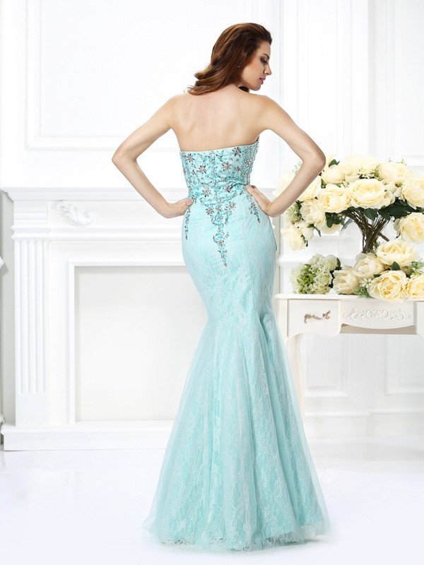 Trumpet/Mermaid Sweetheart Beading Lace Sleeveless Long Net Dresses 7471