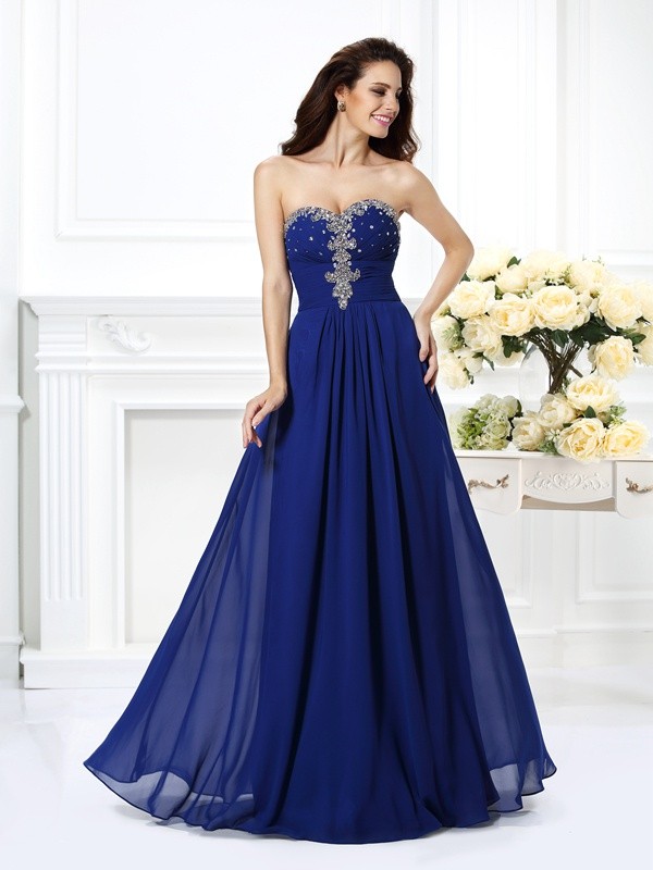 A-Line/Princess Sweetheart Beading Sleeveless Long Chiffon Dresses 4926