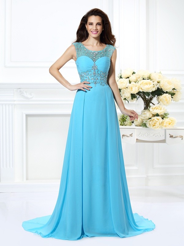 A-Line/Princess Scoop Beading Sleeveless Long Chiffon Dresses 4288