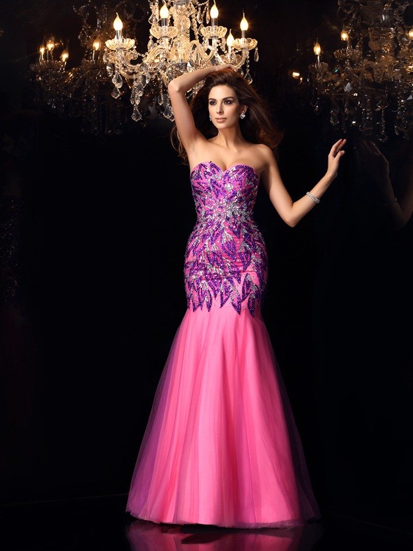 Trumpet/Mermaid Sweetheart Beading Sleeveless Long Net Dresses 7485