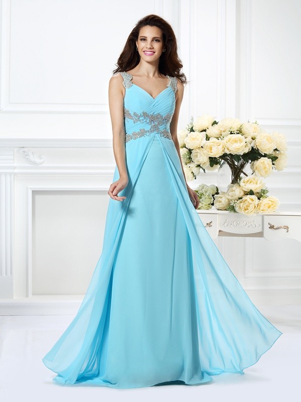 A-Line/Princess V-neck Beading Sleeveless Long Chiffon Dresses 5442