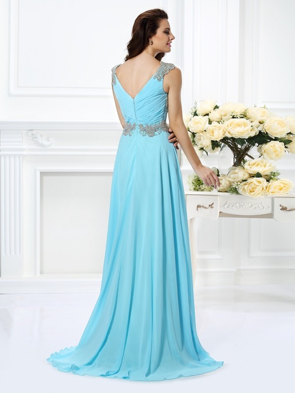 A-Line/Princess V-neck Beading Sleeveless Long Chiffon Dresses 5442