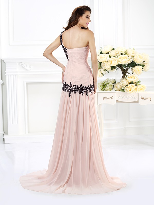 A-Line/Princess One-Shoulder Beading Applique Sleeveless Long Chiffon Dresses 3832