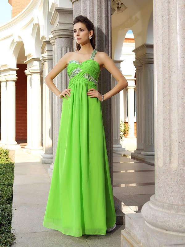 Sheath/Column One-Shoulder Beading Sleeveless Long Chiffon Dresses 6157