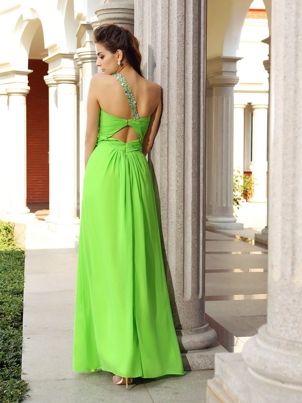 Sheath/Column One-Shoulder Beading Sleeveless Long Chiffon Dresses 6157