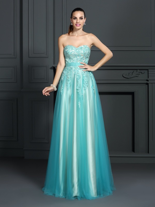 A-Line/Princess Sweetheart Applique Sleeveless Long Elastic Woven Satin Dresses 4903