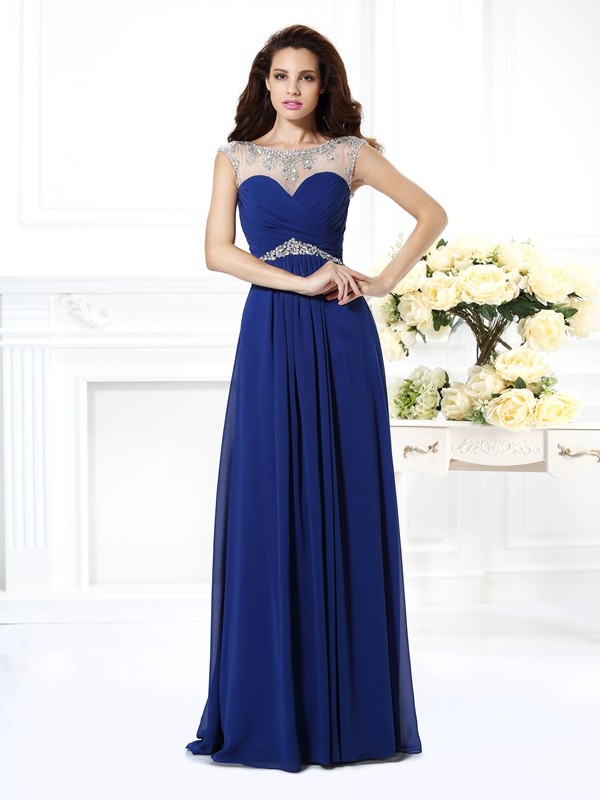 A-Line/Princess Bateau Beading Sleeveless Long Chiffon Dresses 3371