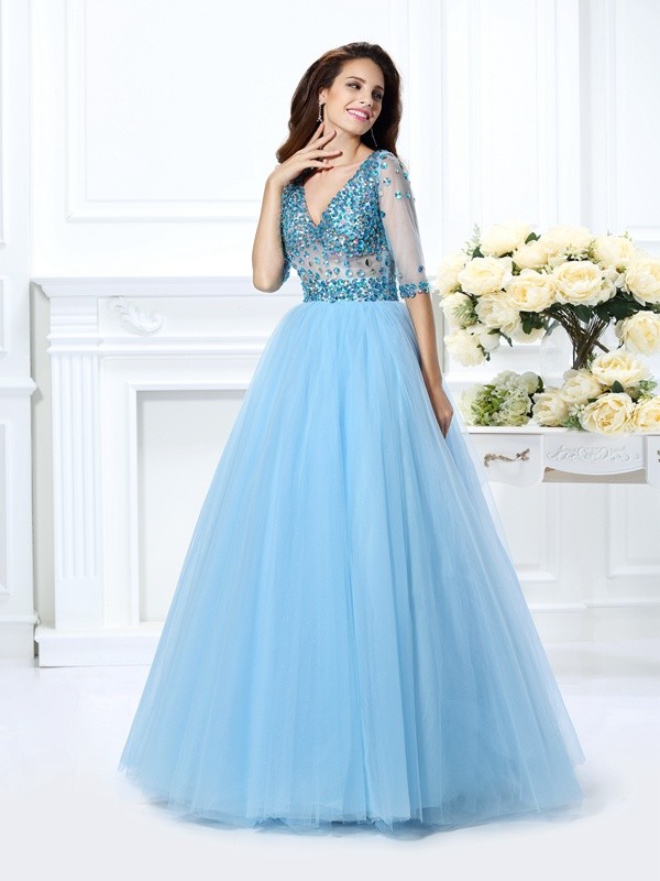 Ball Gown V-neck Beading 1/2 Sleeves Long Satin Quinceanera Dresses 5804