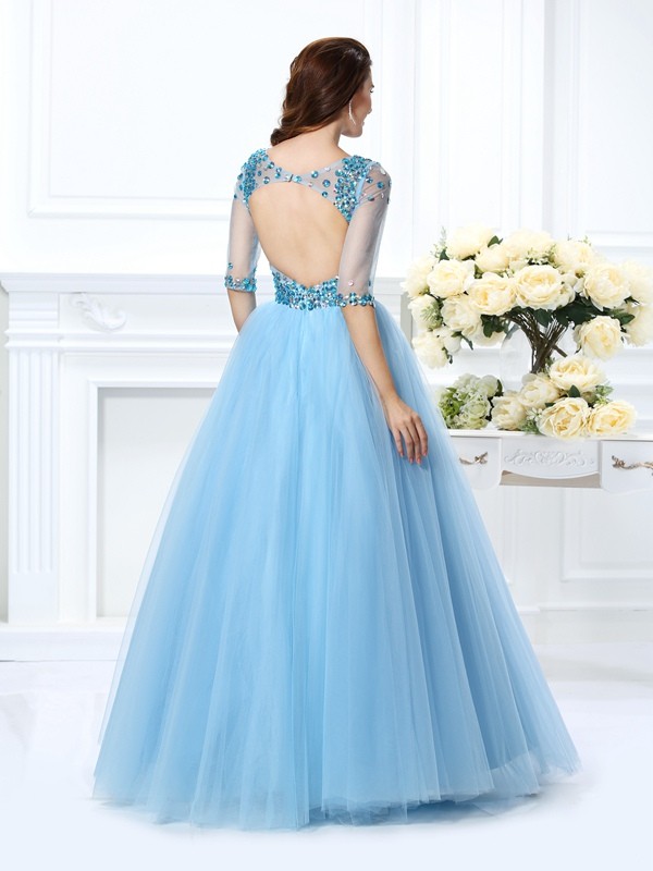 Ball Gown V-neck Beading 1/2 Sleeves Long Satin Quinceanera Dresses 5804