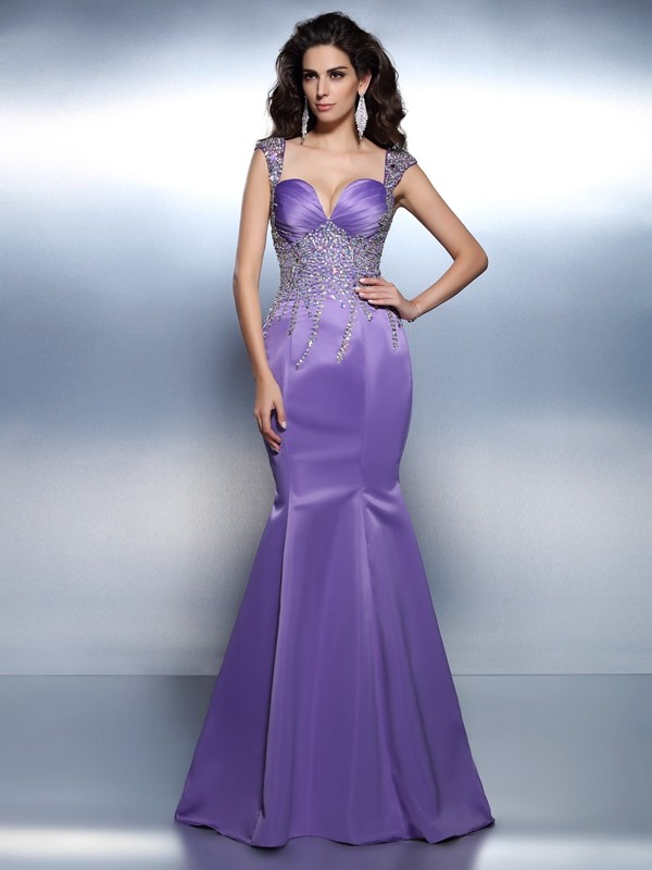 Trumpet/Mermaid Sweetheart Beading Sleeveless Long Satin Dresses 7489