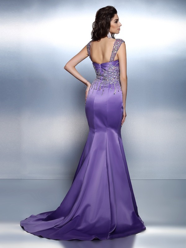 Trumpet/Mermaid Sweetheart Beading Sleeveless Long Satin Dresses 7489