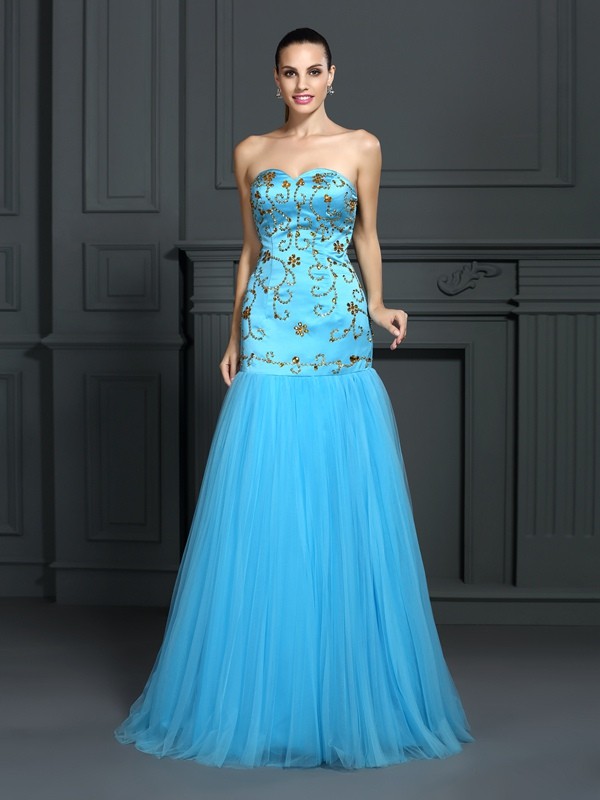 Trumpet/Mermaid Sweetheart Beading Sleeveless Long Satin Dresses 7490