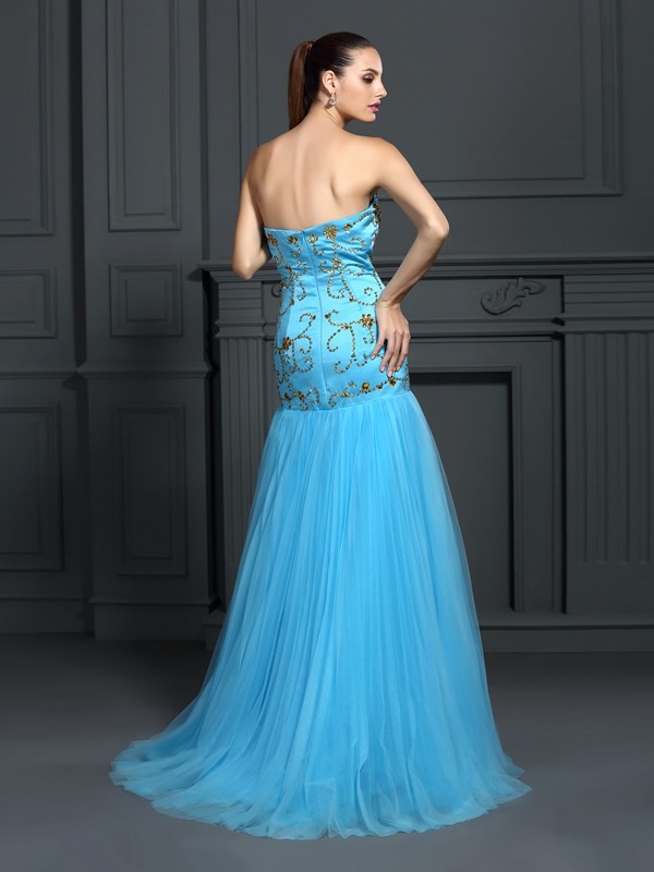 Trumpet/Mermaid Sweetheart Beading Sleeveless Long Satin Dresses 7490