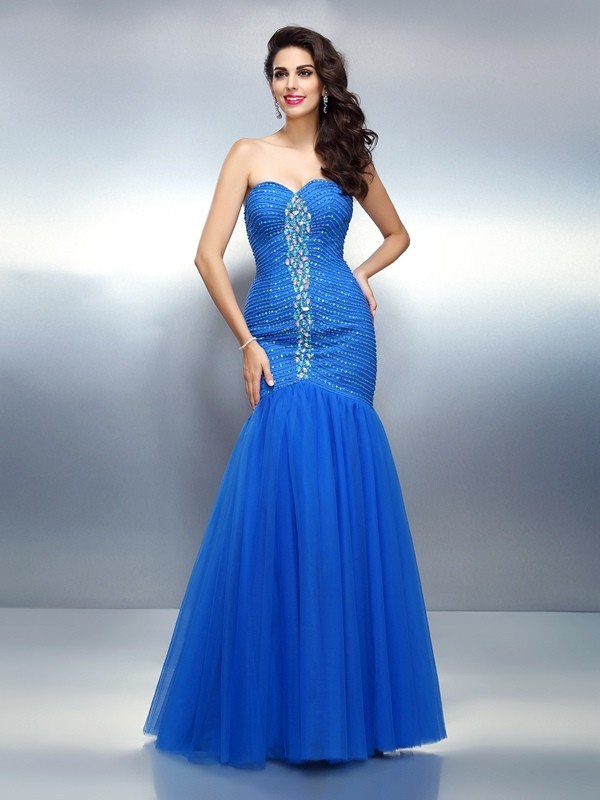 Trumpet/Mermaid Sweetheart Rhinestone Sleeveless Long Satin Dresses 7506