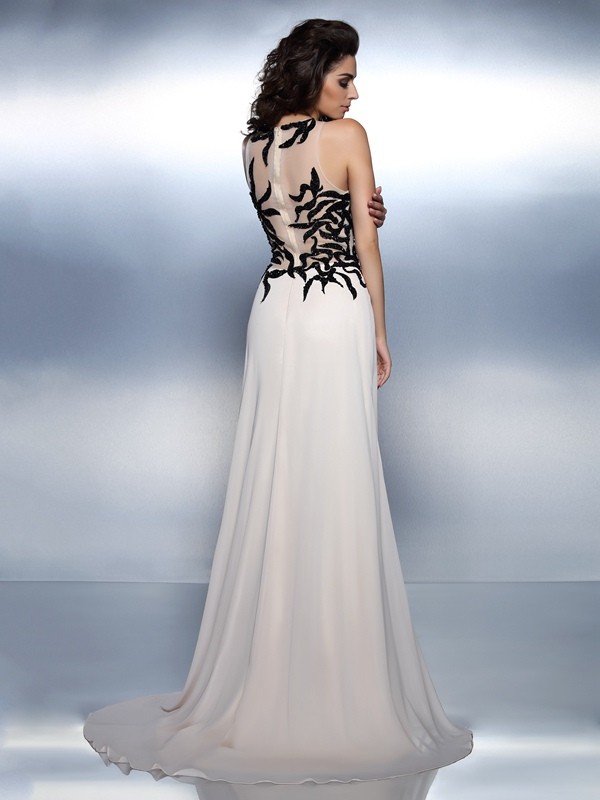 A-Line/Princess Bateau Applique Sleeveless Long Chiffon Dresses 3360