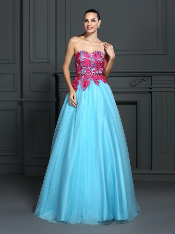 Ball Gown Sweetheart Lace Sleeveless Long Satin Quinceanera Dresses 5757