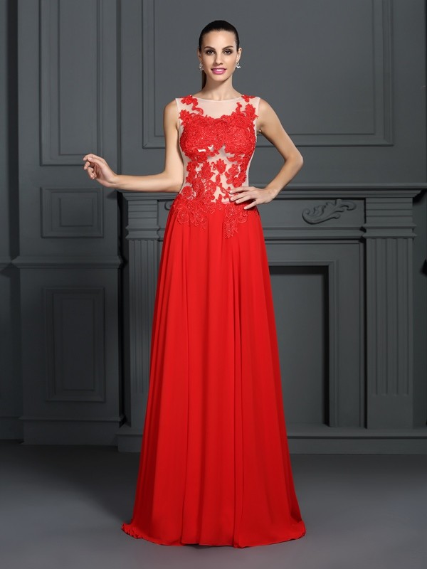 A-Line/Princess Bateau Applique Sleeveless Long Chiffon Dresses 3361