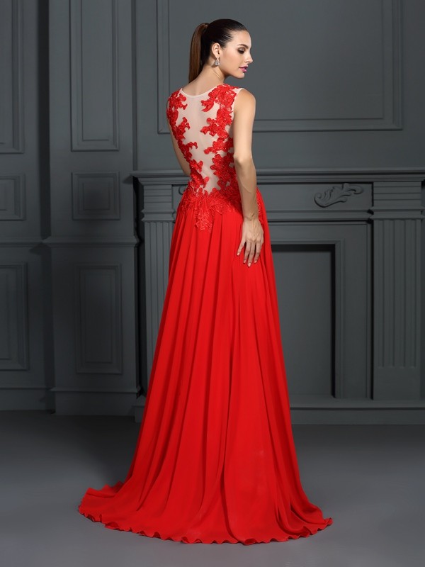 A-Line/Princess Bateau Applique Sleeveless Long Chiffon Dresses 3361