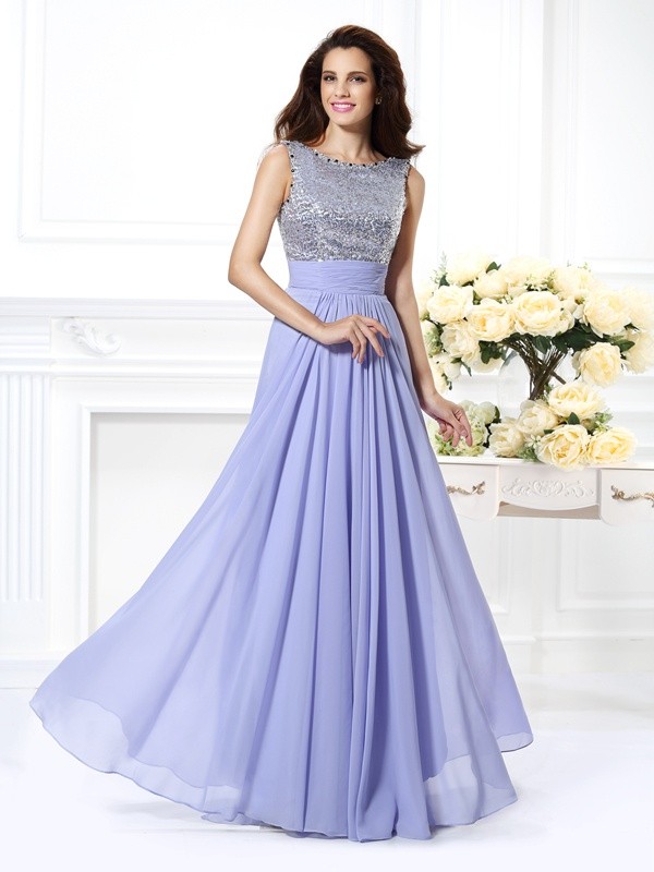 A-Line/Princess Bateau Lace Sleeveless Paillette Long Chiffon Dresses 3379