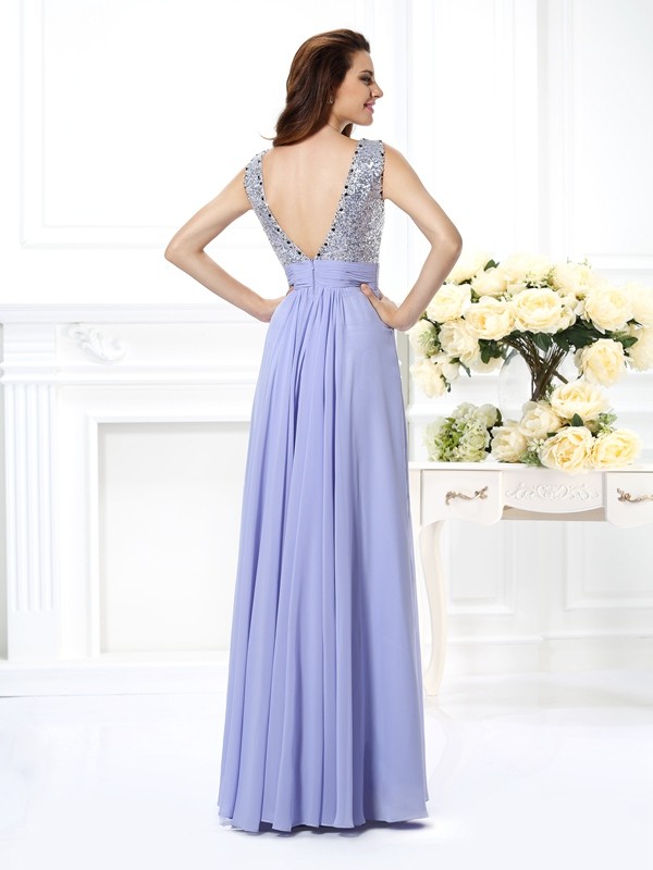 A-Line/Princess Bateau Lace Sleeveless Paillette Long Chiffon Dresses 3379