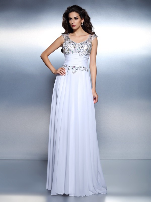 A-Line/Princess Scoop Beading Sleeveless Rhinestone Long Chiffon Dresses 4309