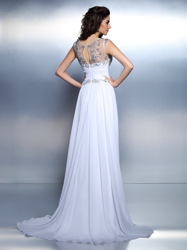 A-Line/Princess Scoop Beading Sleeveless Rhinestone Long Chiffon Dresses 4309