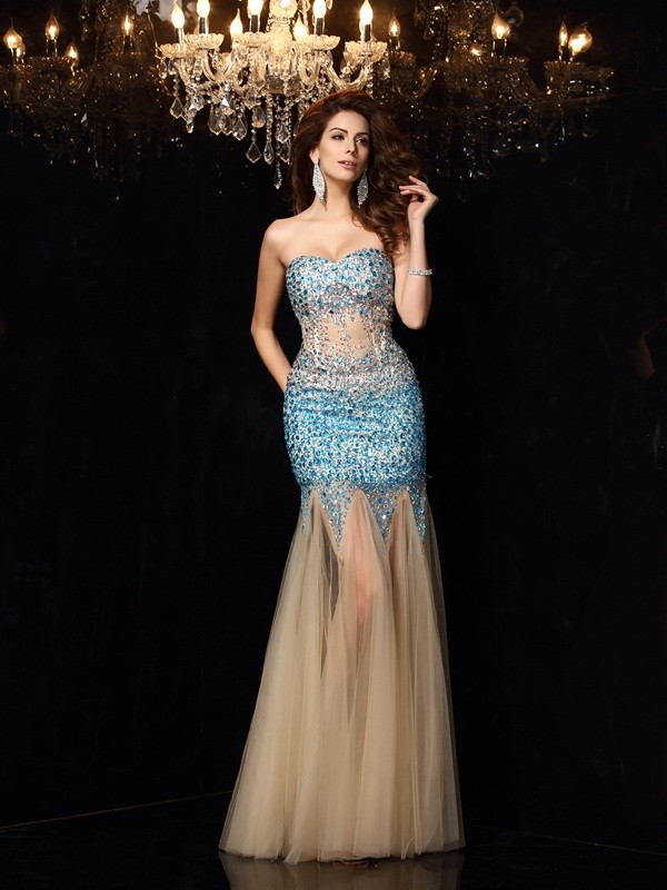 Sheath/Column Sweetheart Beading Sleeveless Long Net Dresses 6779