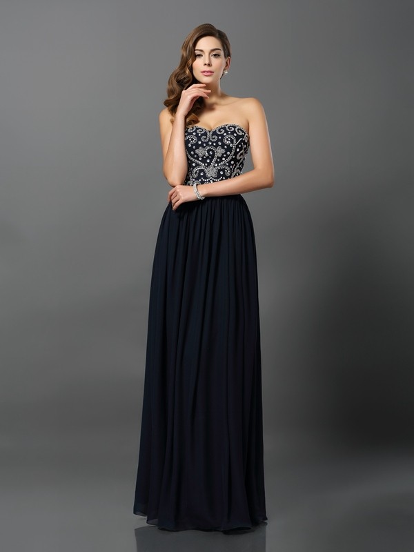 A-Line/Princess Sweetheart Beading Sleeveless Long Chiffon Dresses 4929