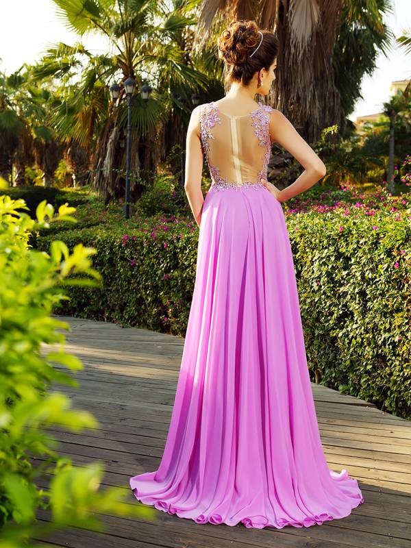 A-Line/Princess Straps Applique Sleeveless Long Chiffon Dresses 4800