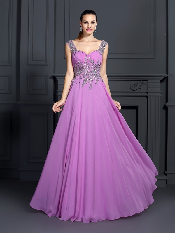 A-Line/Princess Straps Beading Sleeveless Long Chiffon Dresses 4812