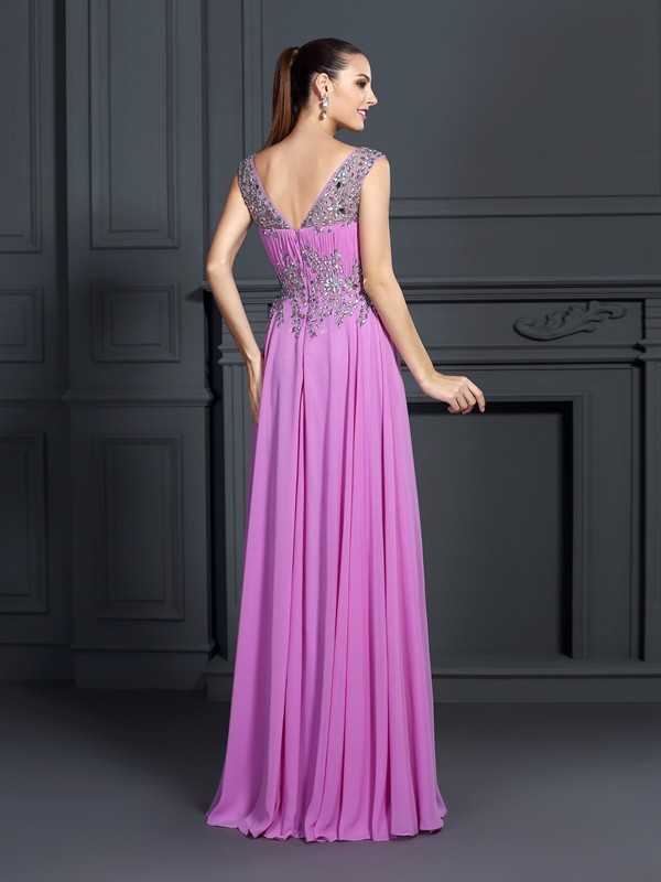 A-Line/Princess Straps Beading Sleeveless Long Chiffon Dresses 4812