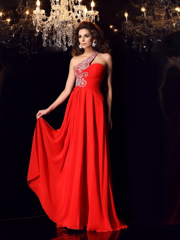 A-Line/Princess One-Shoulder Beading Sleeveless Long Chiffon Dresses 3844